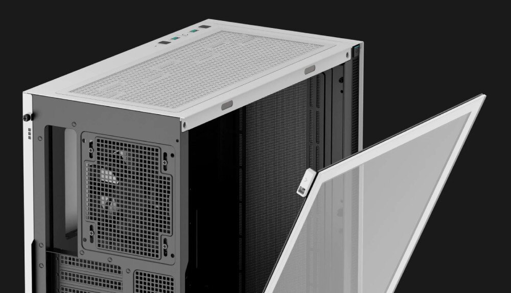 Obudowa DEEPCOOL CH510 Zbliżenie na górną część obudowy z uchylonym szklanym panelem bocznym. Na górze widoczny jest magnetyczny filtr przeciwkurzowy o strukturze siatki oraz przyciski i porty panelu sterowania