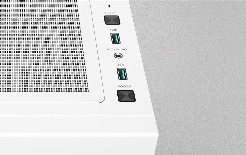Obudowa DEEPCOOL CH510 Widok z góry na panel portów obudowy komputerowej. Widoczne są dwa gniazda USB z zielonym akcentem, wejście audio oraz kwadratowe przyciski zasilania i restartu umieszczone obok siatki filtra