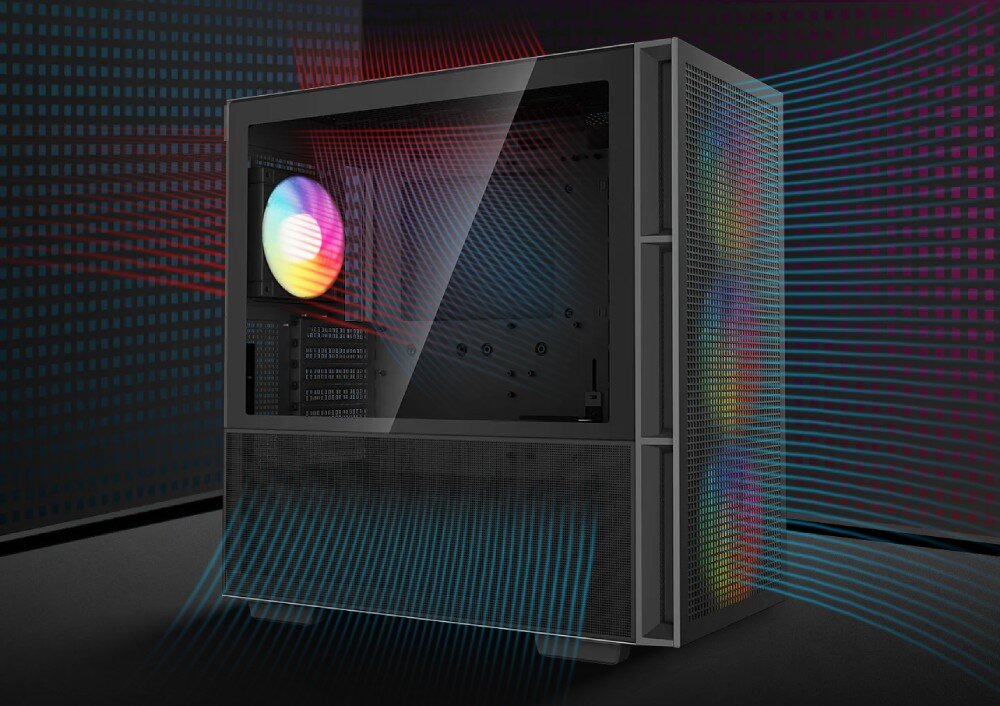 Obudowa DEEPCOOL CH560 Grafika przedstawiająca obieg powietrza w obudowie komputera. Niebieskie linie symbolizują zimne powietrze wpadające przodem i dołem, a czerwone linie pokazują ciepłe powietrze wychodzące tyłem i górą urządzenia