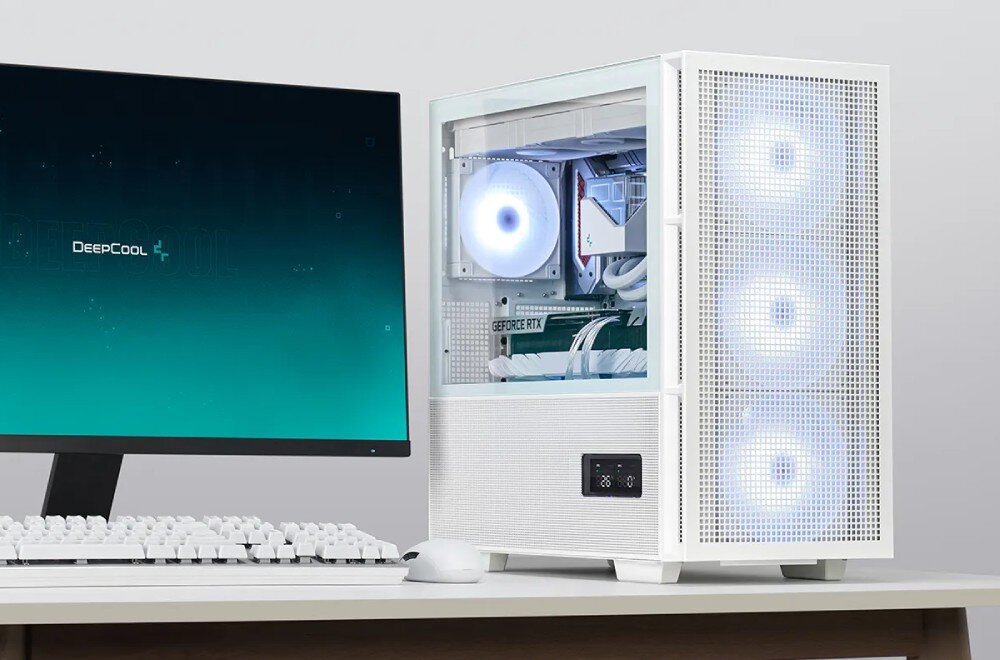 Obudowa DEEPCOOL CH560 Digital Biały stanowisko komputerowe z obudową z podzespołami wewnątrz