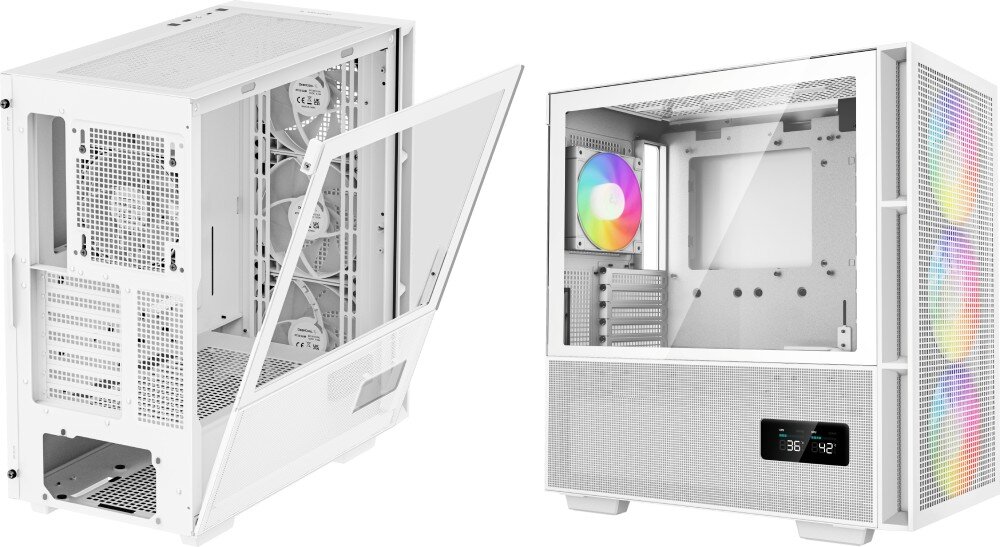 Obudowa DEEPCOOL CH560 Digital Biały ujęcie obudowy pod kątem z odchylonym panelem bocznym siatka wentylacyjna