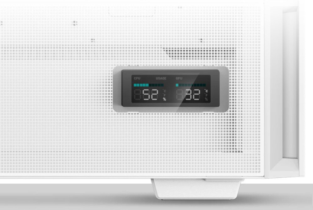Obudowa DEEPCOOL CH560 Digital Biały zbliżenie na ekran wyświetlający temperaturę GPU i obciążenie procesora