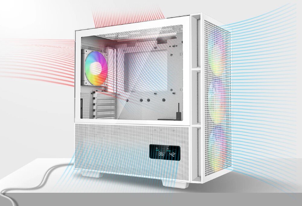 Obudowa DEEPCOOL CH560 Digital Biały widok na wnętrze od boku z wizualizacją przepływu powietrza