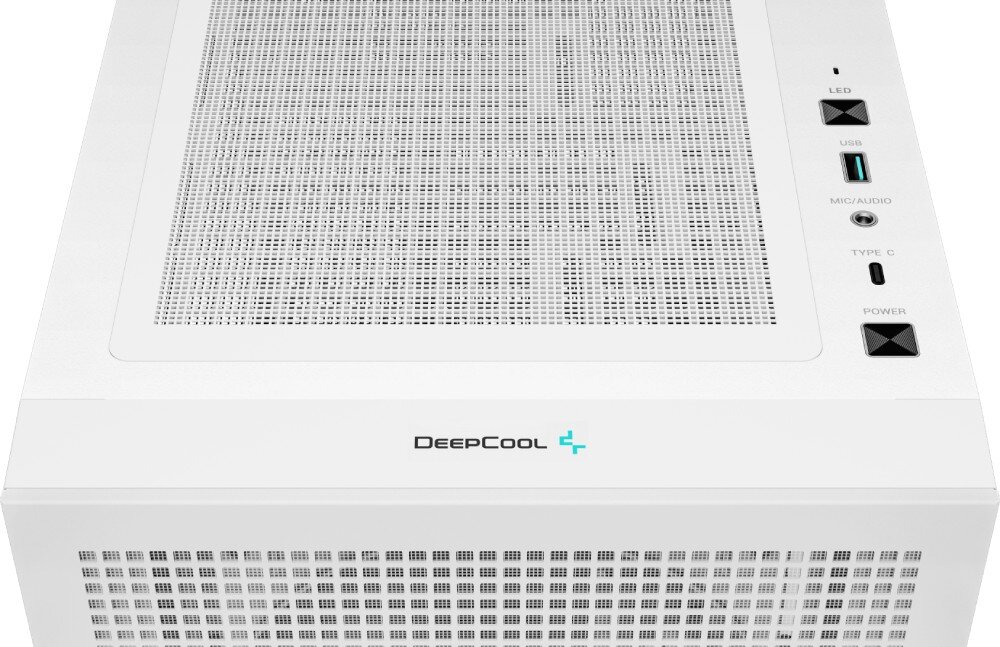 Obudowa DEEPCOOL CH560 Digital Biały zbliżenie na przedni panel z widocznymi portami i przyciskami