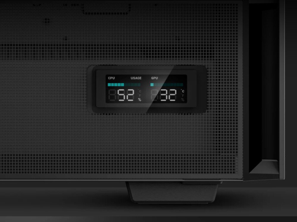 Obudowa DEEPCOOL CH560 Digital Czarny zbliżenie na ekran wyświetlający temperaturę GPU i obciążenie procesora