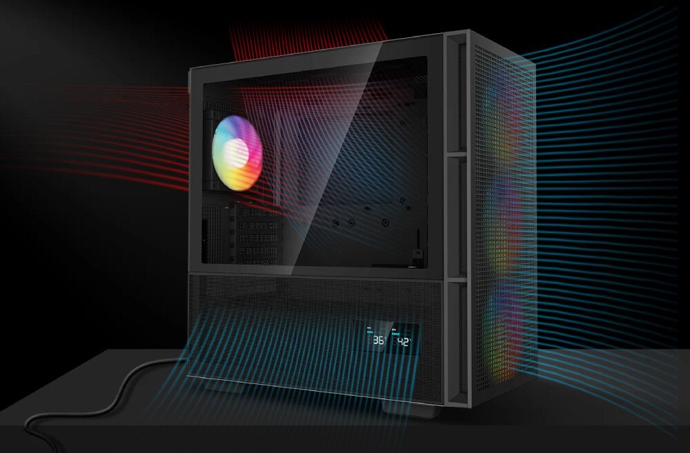 Obudowa DEEPCOOL CH560 Digital Czarny widok na wnętrze od boku z wizualizacją przepływu powietrza