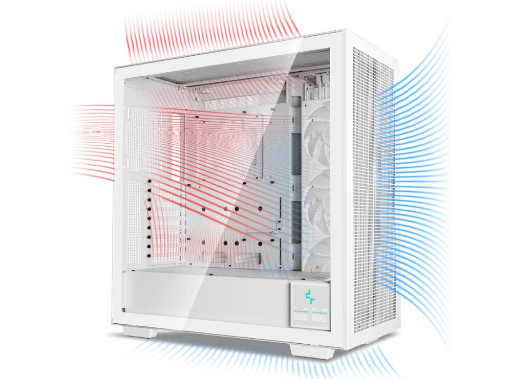 Obudowa DEEPCOOL Morpheus Biały widok od boku na wnętrze z wizualizacją przepływu powietrza chłodzenie wentylatory temperatura
