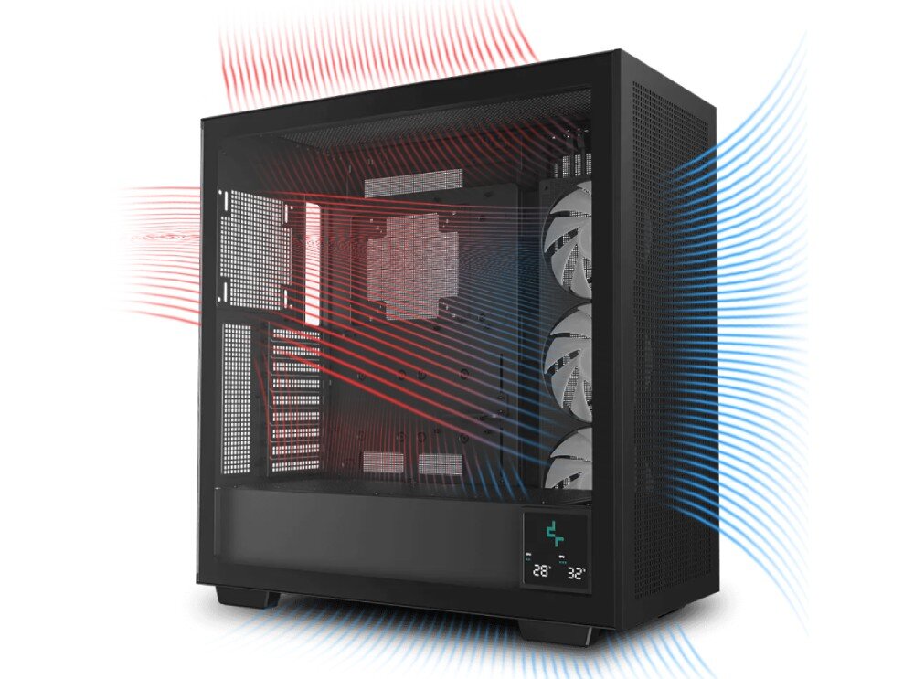 Obudowa DEEPCOOL Morpheus Czarny widok od boku na wnętrze z wizualizacją przepływu powietrza chłodzenie wentylatory temperatura