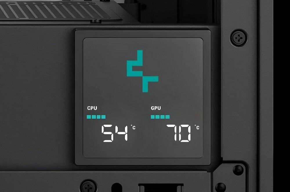 Obudowa DEEPCOOL Morpheus Czarny ujęcie na wyświetlacz z pokazaną temperaturą CPU i obciążeniem GPU konfiguracja montaż