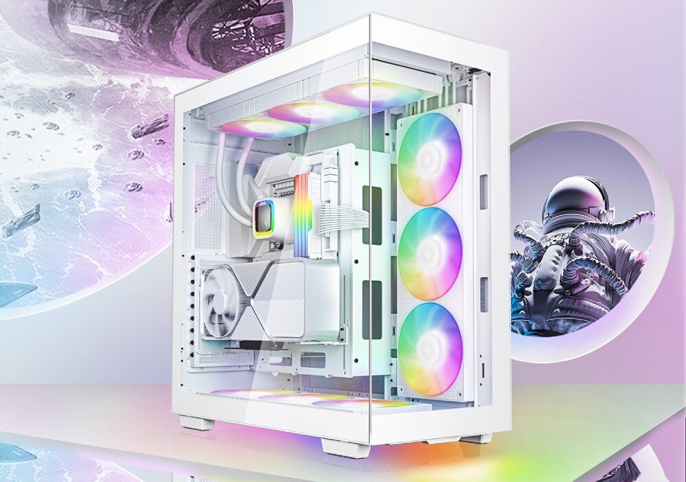Obudowa DEEPCOOL CH780 Przeszklona obudowa komputerowa ukazująca wnętrze z podświetlonymi wentylatorami i pionową kartą graficzną