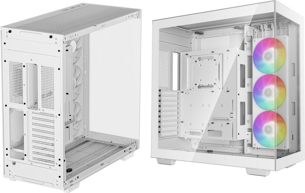 Obudowa DEEPCOOL CH780 Dwa ujęcia białej obudowy prezentujące jej tył z miejscem na zasilacz oraz puste wnętrze z boku