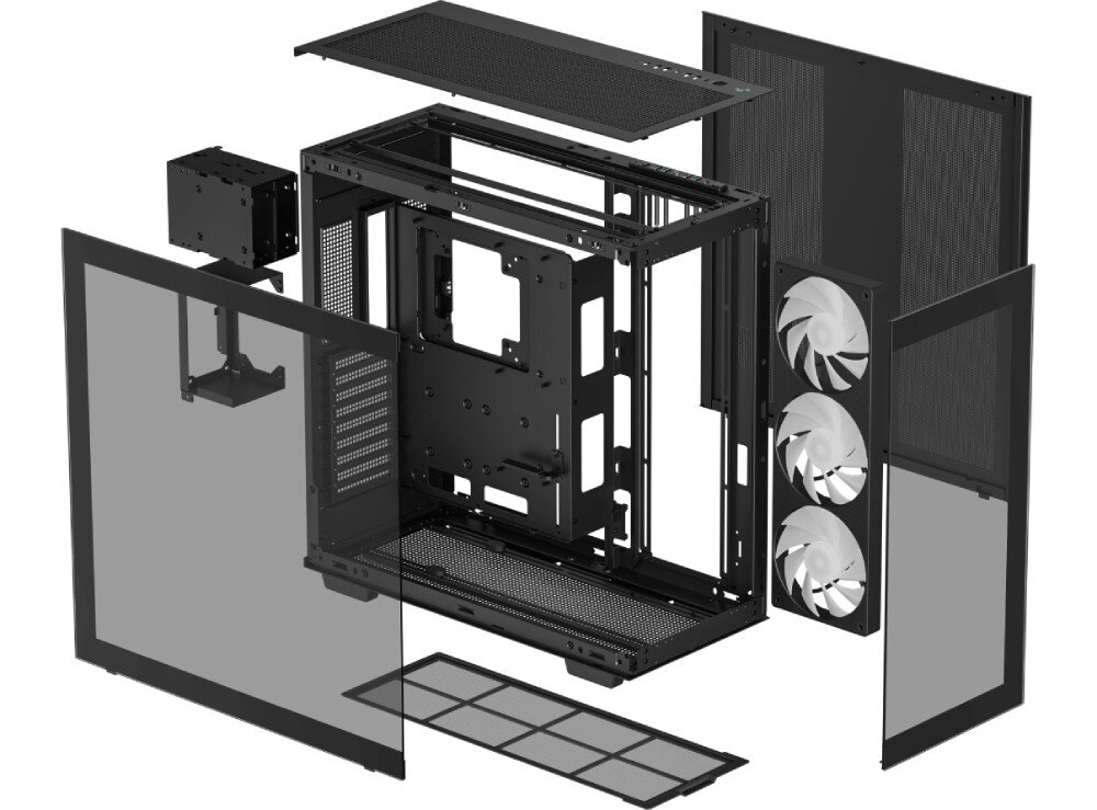 Obudowa DEEPCOOL CH780 Widok rozłożonej na części obudowy prezentujący ramę, panele szklane i filtry przeciwkurzowe