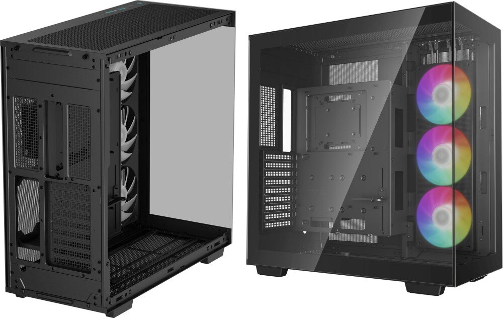Obudowa DEEPCOOL CH780 Dwa ujęcia czarnej obudowy prezentujące jej tył z miejscem na zasilacz oraz puste wnętrze z boku