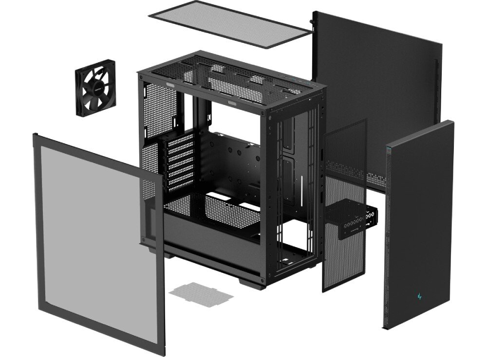 Obudowa DEEPCOOL CH510 Rysunek techniczny przedstawiający rozłożone na części elementy czarnej obudowy komputerowej. Widoczny jest szkielet konstrukcji, szklany i stalowy panel boczny, front, filtry przeciwkurzowe oraz pojedynczy wentylator