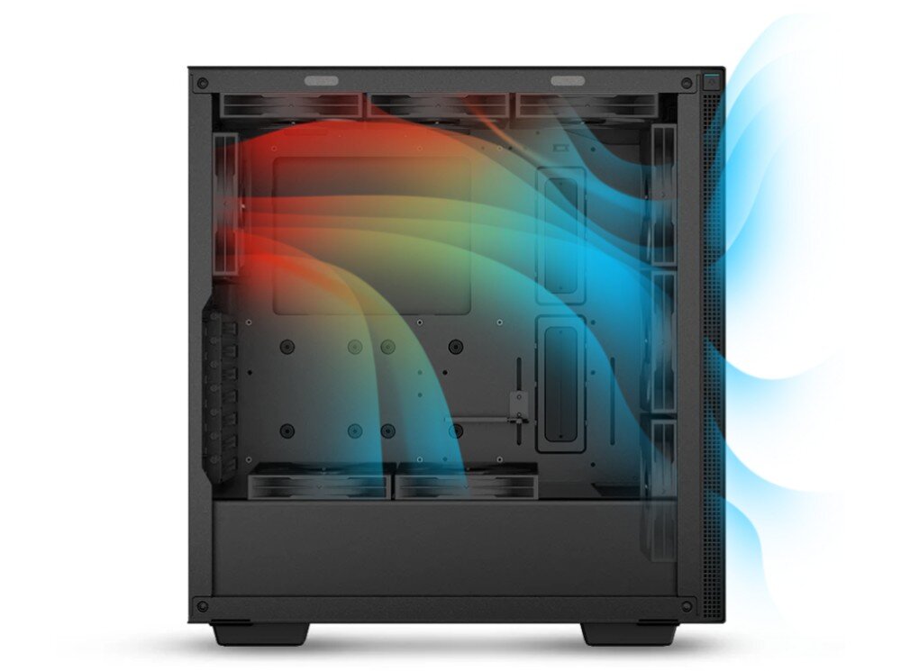 Obudowa DEEPCOOL CH510 Schemat wnętrza pustej obudowy komputerowej z zaznaczonym przepływem powietrza. Kolorowe linie obrazują drogę chłodnego powietrza wpadającego przodem i dołem oraz ciepłego powietrza opuszczającego konstrukcję tyłem i górą