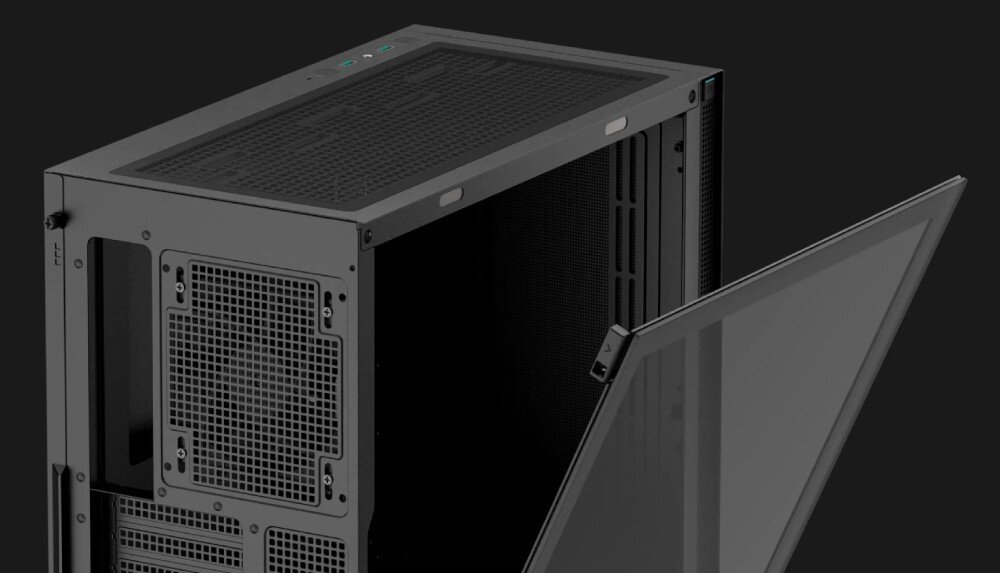 Obudowa DEEPCOOL CH510 Zbliżenie na górną część czarnej obudowy z uchylonym szklanym panelem bocznym. Na górze widoczny jest magnetyczny filtr przeciwkurzowy o strukturze siatki oraz przyciski i porty panelu sterowania
