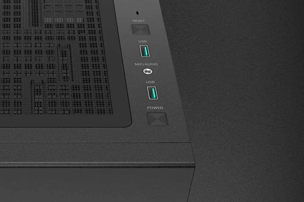 Obudowa DEEPCOOL CH510 Widok z góry na panel portów obudowy komputerowej. Widoczne są dwa gniazda USB z zielonym akcentem, wejście audio oraz kwadratowe przyciski zasilania i restartu umieszczone obok siatki filtra