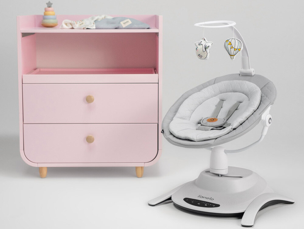 Bujaczek LIONELO Bella Szaro-biały 6 ruchów kołysania Obrotowe siedzisko 360° 3-stopniową regulację pochylenia