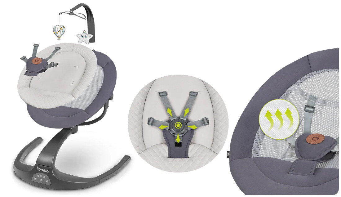 Bujaczek LIONELO Rina Szary wyposazenie miekka poduszka 5-punktowe pasy ochraniacze waga do 9 kg