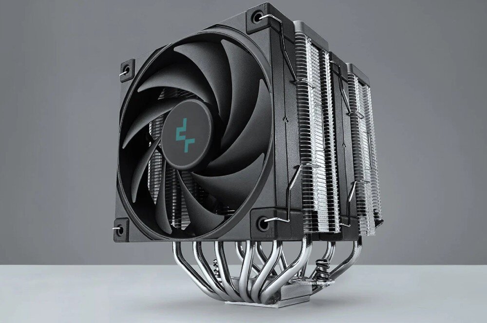 Chłodzenie CPU DEEPCOOL AK620 Chłodzenie z dwiema wieżami radiatora i sześcioma rurkami cieplnymi widocznymi przy podstawie na szarym tle