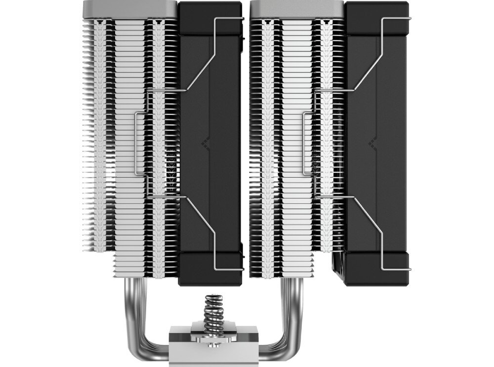 Chłodzenie CPU DEEPCOOL AK620 Widok z boku na konstrukcję chłodzenia z dwiema wieżami i dwoma czarnymi wentylatorami