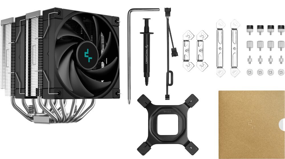 Chłodzenie CPU DEEPCOOL AK620 Kompletny zestaw chłodzenia wraz z akcesoriami montażowymi śrubkami pastą termoprzewodzącą i kluczem na białym tle