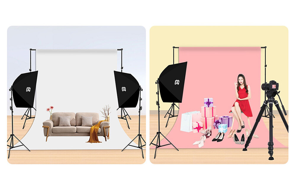 Dwa przykłady zastosowania zestawu softboxów do fotografii portretowej i produktowej z różnymi tłami studyjnymi.