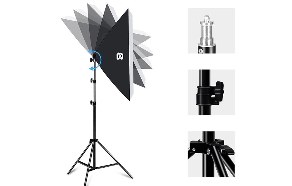 Softbox na regulowanym statywie z możliwością pochylania oraz zbliżeniami na elementy mocujące i końcówkę montażową.