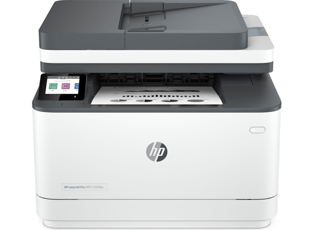 Urządzenie wielofunkcyjne HP LaserJet Pro 3102fdw Automatyczny druk dwustronny, Wi-Fi, Bluetooth urządzenie na białym tle od przodu faks modem port linia telefoniczna funkcje zapis do 500 stron szybkie wybieranie