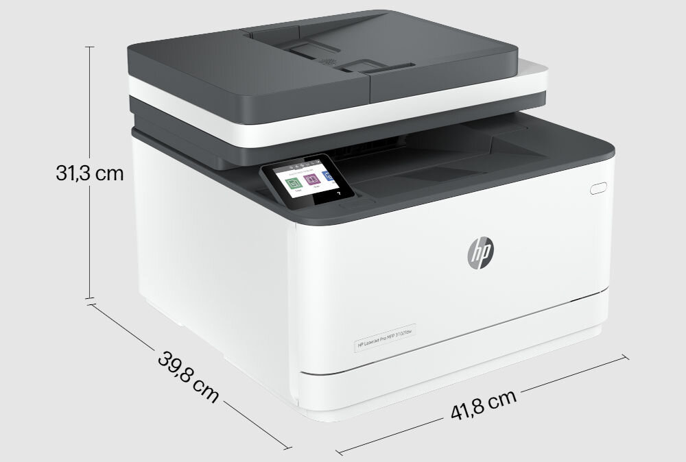 Urządzenie wielofunkcyjne HP LaserJet Pro 3102fdw Automatyczny druk dwustronny, Wi-Fi, Bluetooth prezentacja urządzenia z wymiarami na szarym tle wymiary stabilność