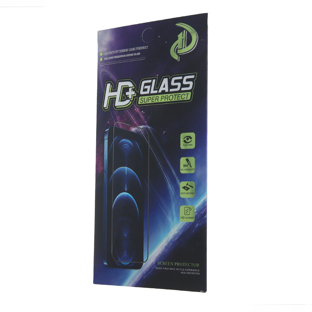 Opakowanie produktu z napisem \'HD+ GLASS SUPER PROTECT\' oraz grafiką przedstawiającą szkło ochronne na ekranie telefonu. Widoczne są ikony z napisami: \'Eye Care\', \'9H Hardness\', \'Anti-Broken\', \'HD Screen\'.