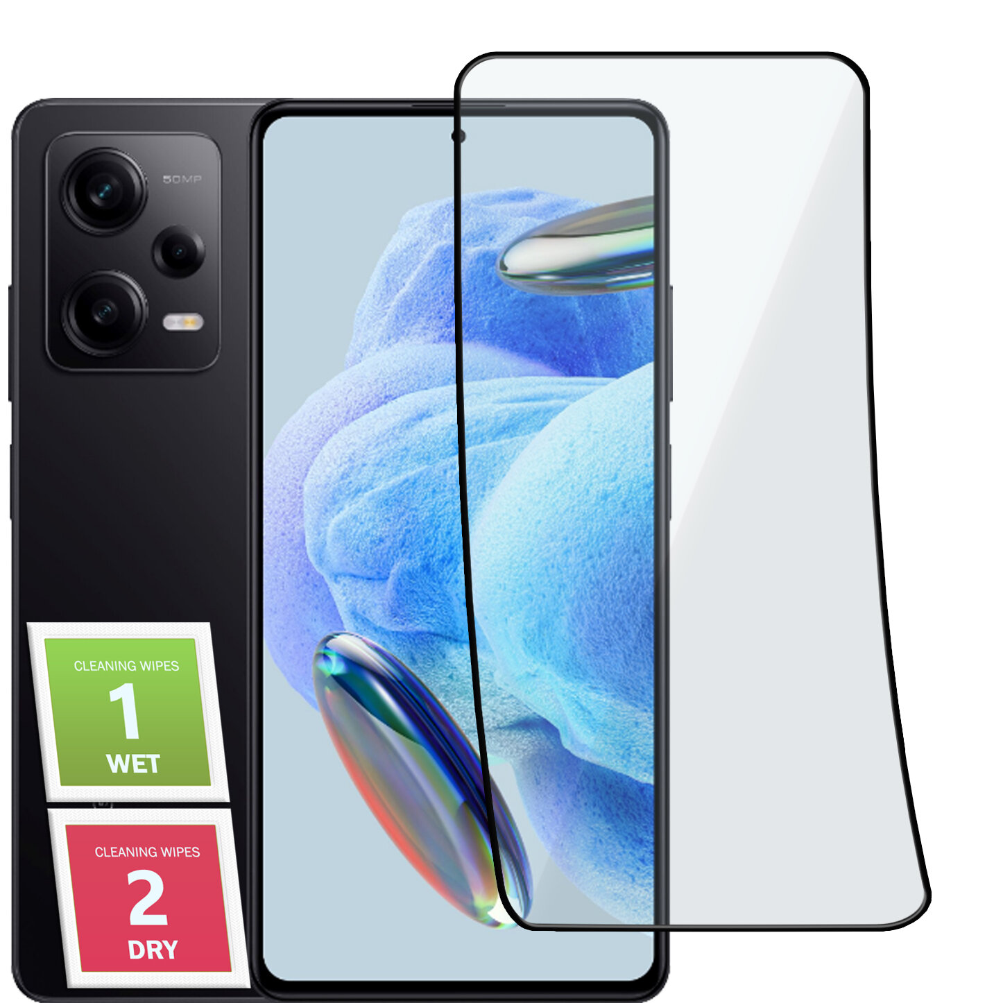 Obraz przedstawia telefon z trzema aparatami i szkłem ochronnym na ekranie. Obok znajdują się dwie chusteczki do czyszczenia oznaczone jako \'1 WET\' i \'2 DRY\'.
