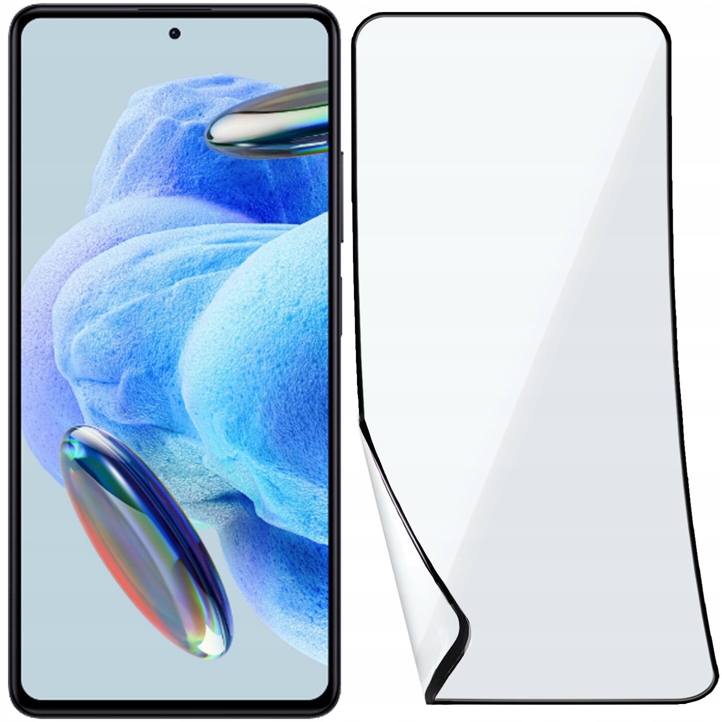 Obraz przedstawia smartfon z wyświetlaczem wypełnionym niebieskimi i fioletowymi kształtami oraz przezroczystą osłonę ekranu obok niego. Osłona jest lekko zagięta, co sugeruje jej elastyczność.