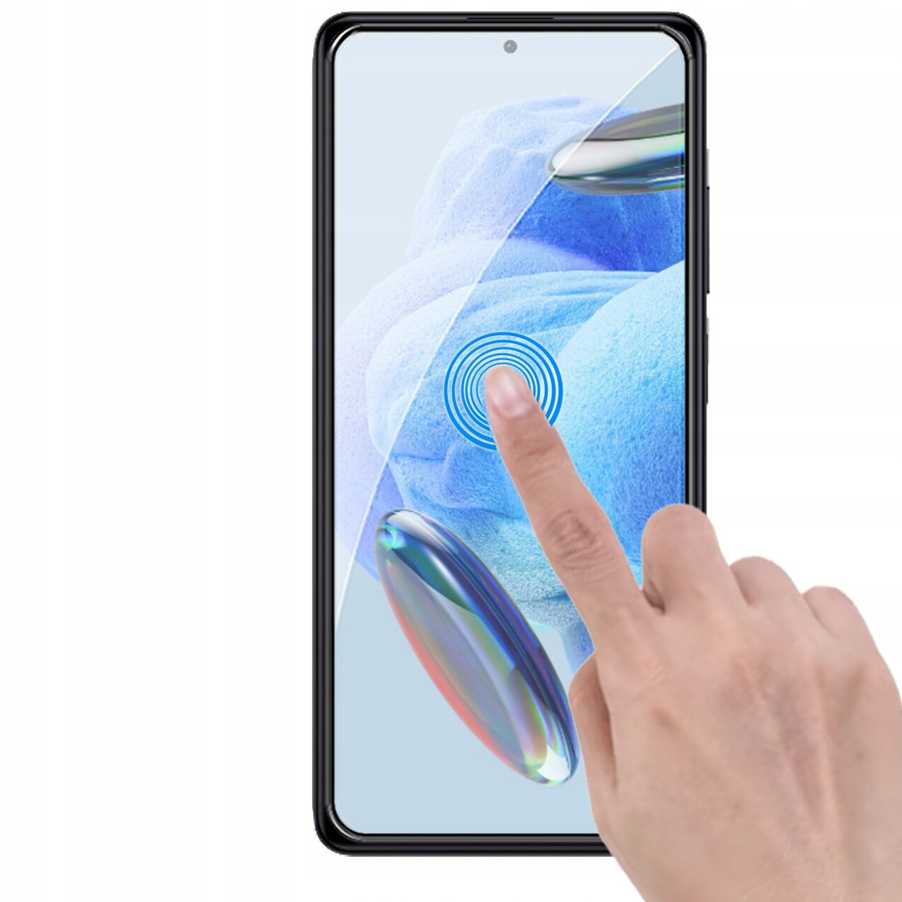 Na obrazie widać smartfon z wyświetlaczem, na którym znajduje się niebieski wzór przypominający odcisk palca. Dłoń dotyka ekranu, sugerując funkcję dotykową.