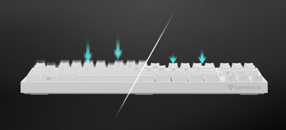 GENESIS Thor 404 TKL przełączniki Kailh Box Brown V2 Aktywacja na 2 mm, siła nacisku 55 g żywotność do 80 mln kliknięć czasem reakcji 1 ms - Dwa rodzaje klawiatur wyświetlone obok siebie, podkreślające różne mechanizmy przełączników.