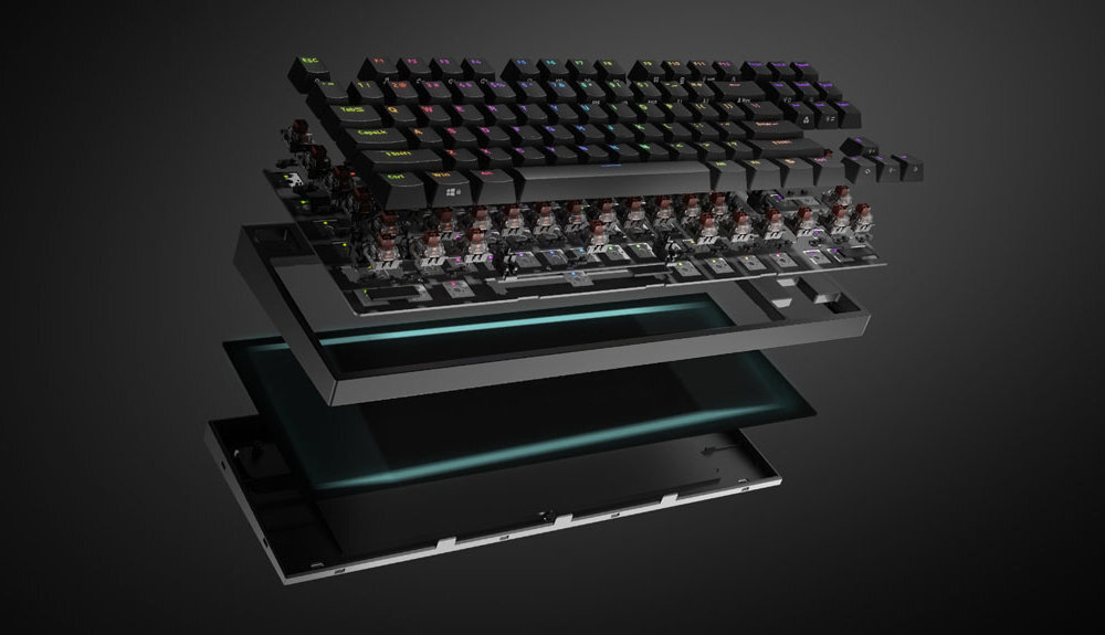 GENESIS Thor 404 TKL technologii hot-swap bez rozkręcania obudowy i specjalistycznej wiedzy - Widok rozłożony klawiatury pokazujący indywidualne klawisze i wewnętrzne elementy.