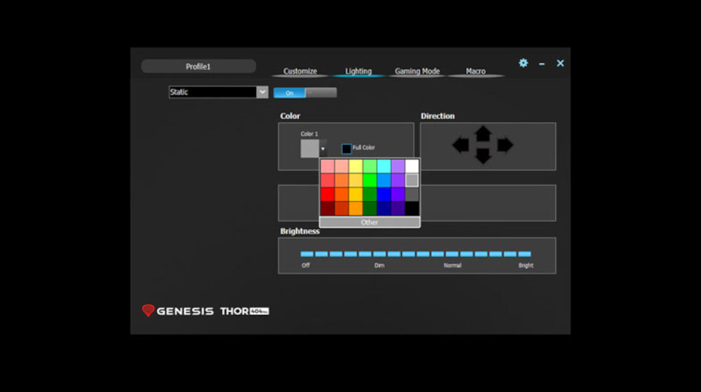 GENESIS Thor 404 TKL Zamknięta obudowa masywna rama Klawisze double-shot - Interfejs oprogramowania wyświetlający siatkę wyboru kolorów i suwaków regulacyjnych.