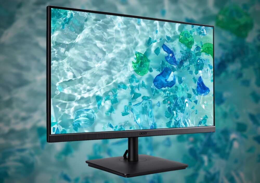 Monitor ACER Vero V277ebmipxv Monitor Acer z cienkimi ramkami, wyświetlający obraz z efektem wody i rozrzuconymi kawałkami szkła w odcieniach niebieskiego i zielonego, umieszczony na czarnym, regulowanym stojaku