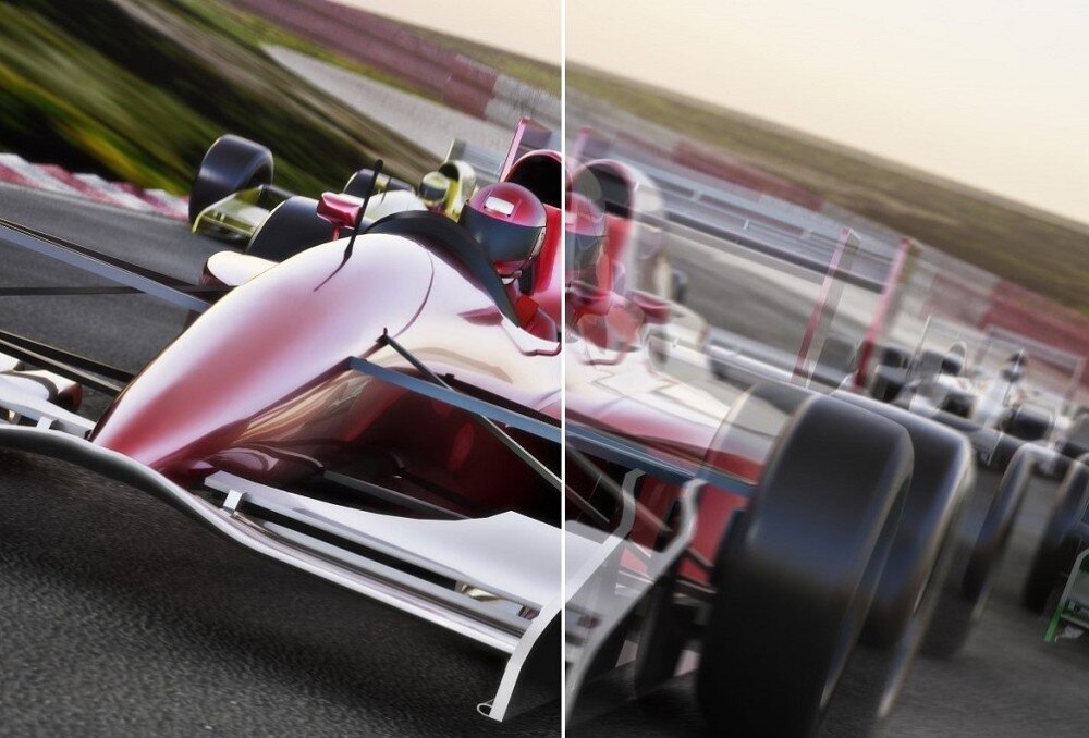 Monitor ACER Vero V277ebmipxv Obraz wyścigu Formuły 1, podzielony na dwie części – lewa strona pokazuje wyraźny obraz, prawa przedstawia efekt rozmycia ruchu