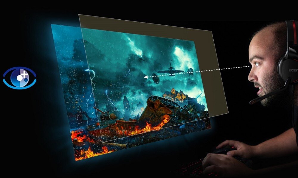 Monitor ACER Vero V277ebmipxv Ilustracja przedstawiająca gracza w słuchawkach patrzącego na ekran monitora z filtrem chroniącym wzrok, na którym widoczna jest dynamiczna scena z gry akcji