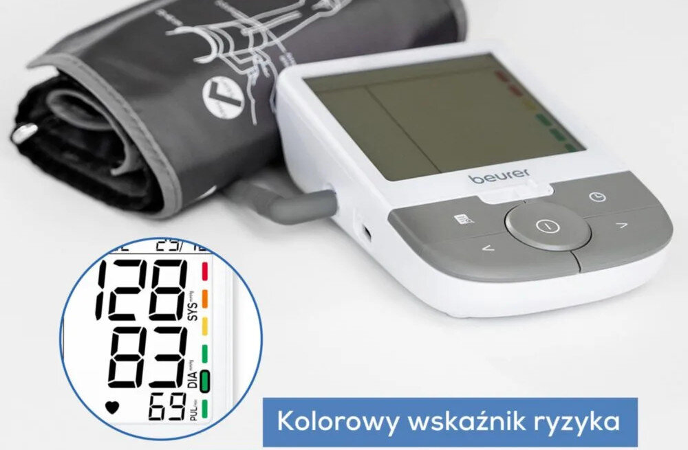 Ciśnieniomierz BEURER BM 53 Biało-szary Łatwość w interpretacji danych Kolorowy wskaźnik ryzyka ocena Barwna skala odczyt realne wsparcie profilaktyka zdrowia