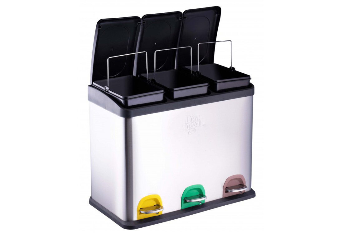 Kosz na śmieci z pedałem DIRT DEVIL E9508 trzy komory, stal nierdzewna 45L Stalowy pojemność segregacja odpadów Trzy oddzielne komory Bezdotykowe otwieranie wyjmowane pojemniki opróżnianie czyszczenie higiena użytkowanie