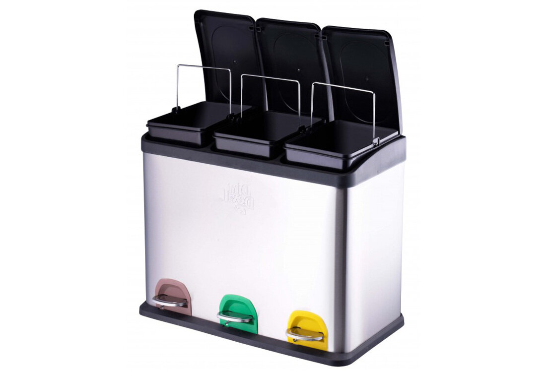 Kosz na śmieci z pedałem DIRT DEVIL E9508 trzy komory, stal nierdzewna 45L Stalowy wykonanie stal nierdzewna kolor stalowy kolorystyka wymiary szerokość głębokość elegancki wygląd