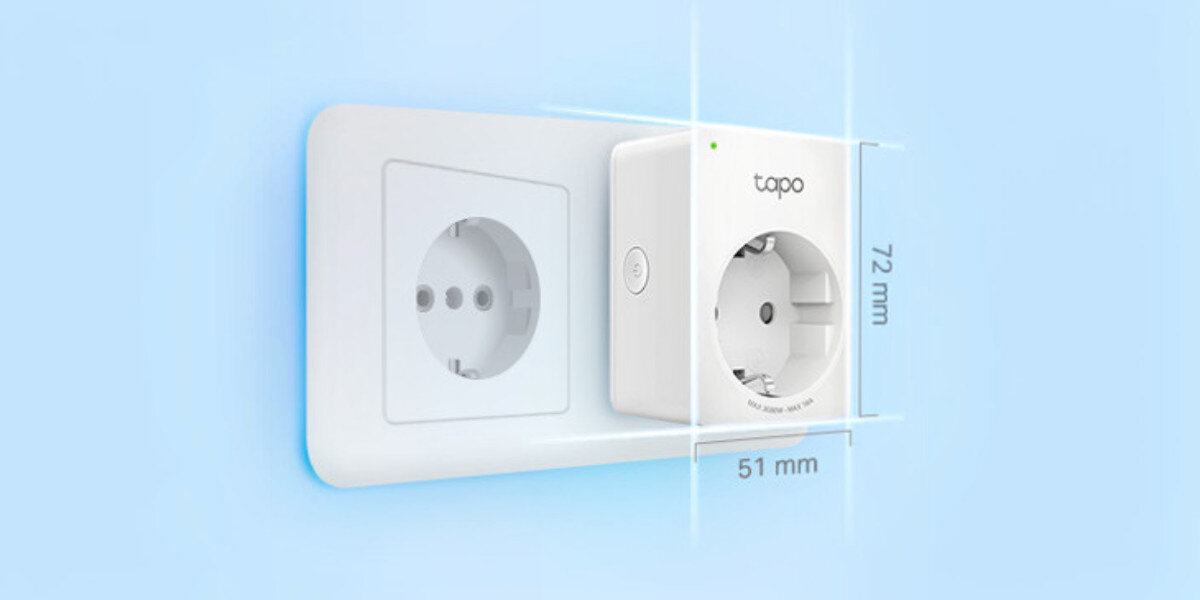Gniazdko TP-LINK Tapo P110M Wi-Fi / Matter, Energia, pomiar, zużycie, kontrola, Wtyczka smart w gniazdku z podanymi wymiarami.