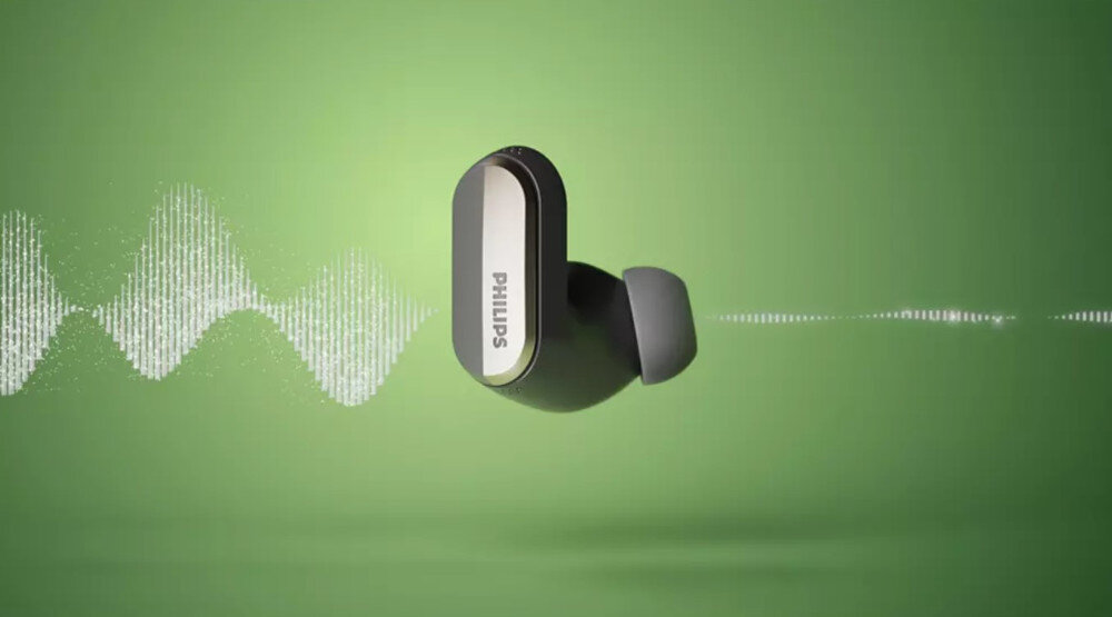 PHILIPS TAT6908BK/00 redukcja szumów Awareness aplikacja Philips Headphones, dźwięk przechodzący przez słuchawkę dokanałową na zielonym tle