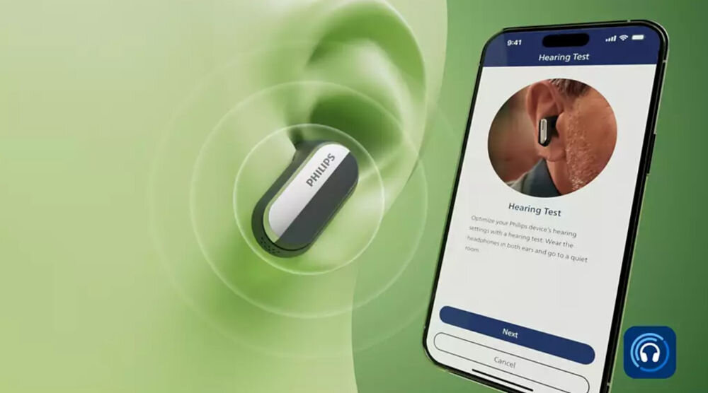 PHILIPS TAT6908BK/00 test słuchu spersonalizowany profil aplikacja, wizualizacja osoby z założonymi słuchawkami, smartfon z włączoną stroną testu słuchu w aplikacji