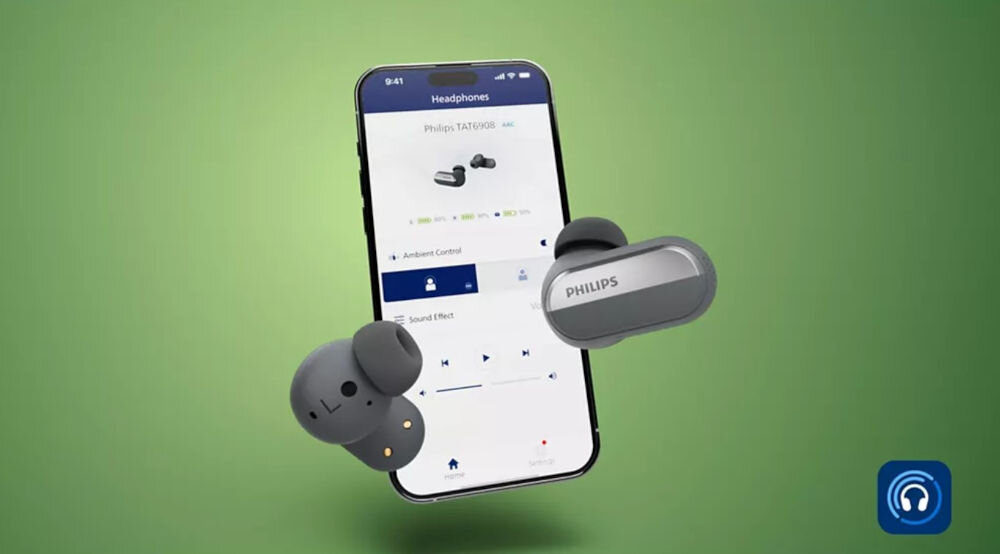 PHILIPS TAT6908BK/00 tryby dźwięku korektor aplikacja komfort, smartfon z włączoną aplikacją oraz słuchawkami dokanałowymi na zielonym tle