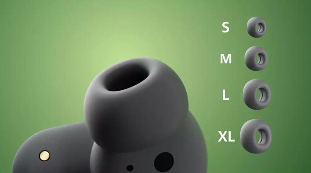 PHILIPS TAT6908BK/00 silikonowe końcówki dopasowanie komfort stabilność, słuchawka z czterema rozmiarami końcówek na zielonym tle