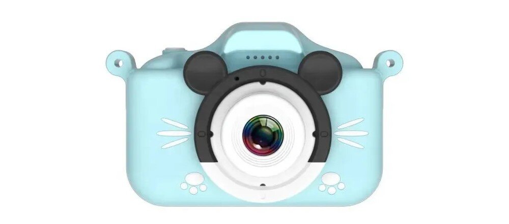 Niebieski aparat dla dzieci z ozdobami przypominającymi uszy i łapki, posiada centralnie umieszczony obiektyw. Obudowa ma kształt prostokąta z zaokrąglonymi rogami i otworami na smycz.