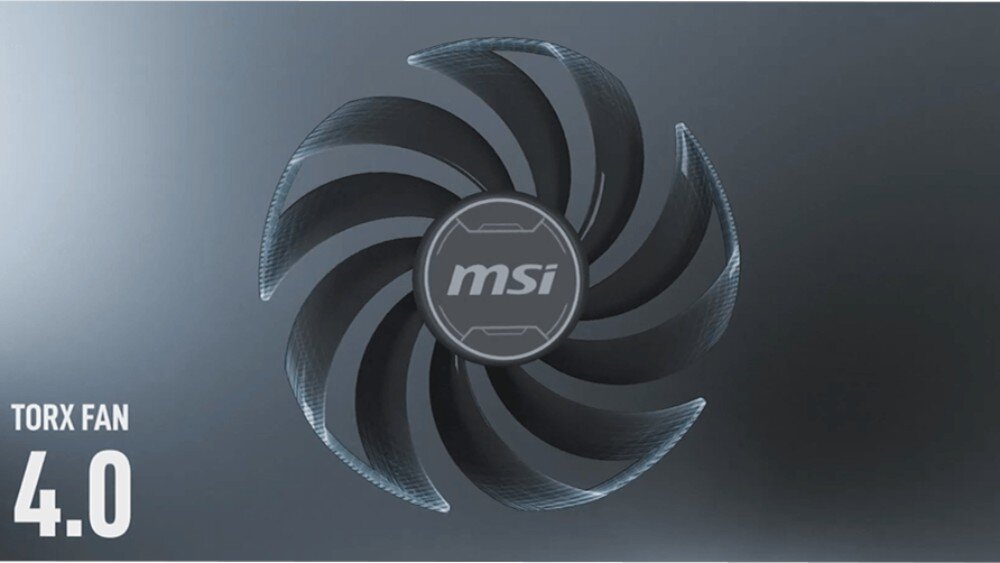 Karta graficzna MSI GeForce RTX 4090 Ventus 3X E OC 24GB Obraz przedstawia pojedynczy wentylator z łopatkami połączonymi pierścieniem na zewnętrznej krawędzi. W lewym dolnym rogu znajduje się podpis „TORX FAN 4.0”, chłodzenie, wentylatory, technologia Zero Frozr, ciepłowody